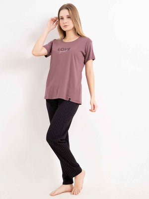 Cotton Night Suit-Maroon Top with Black Striped Pyjama