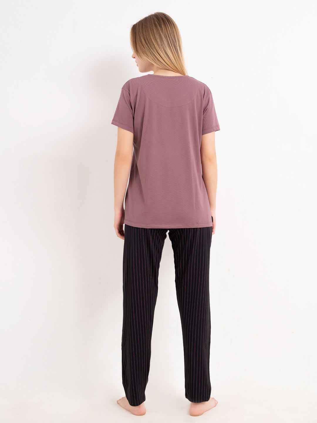 Cotton Night Suit-Maroon Top with Black Striped Pyjama