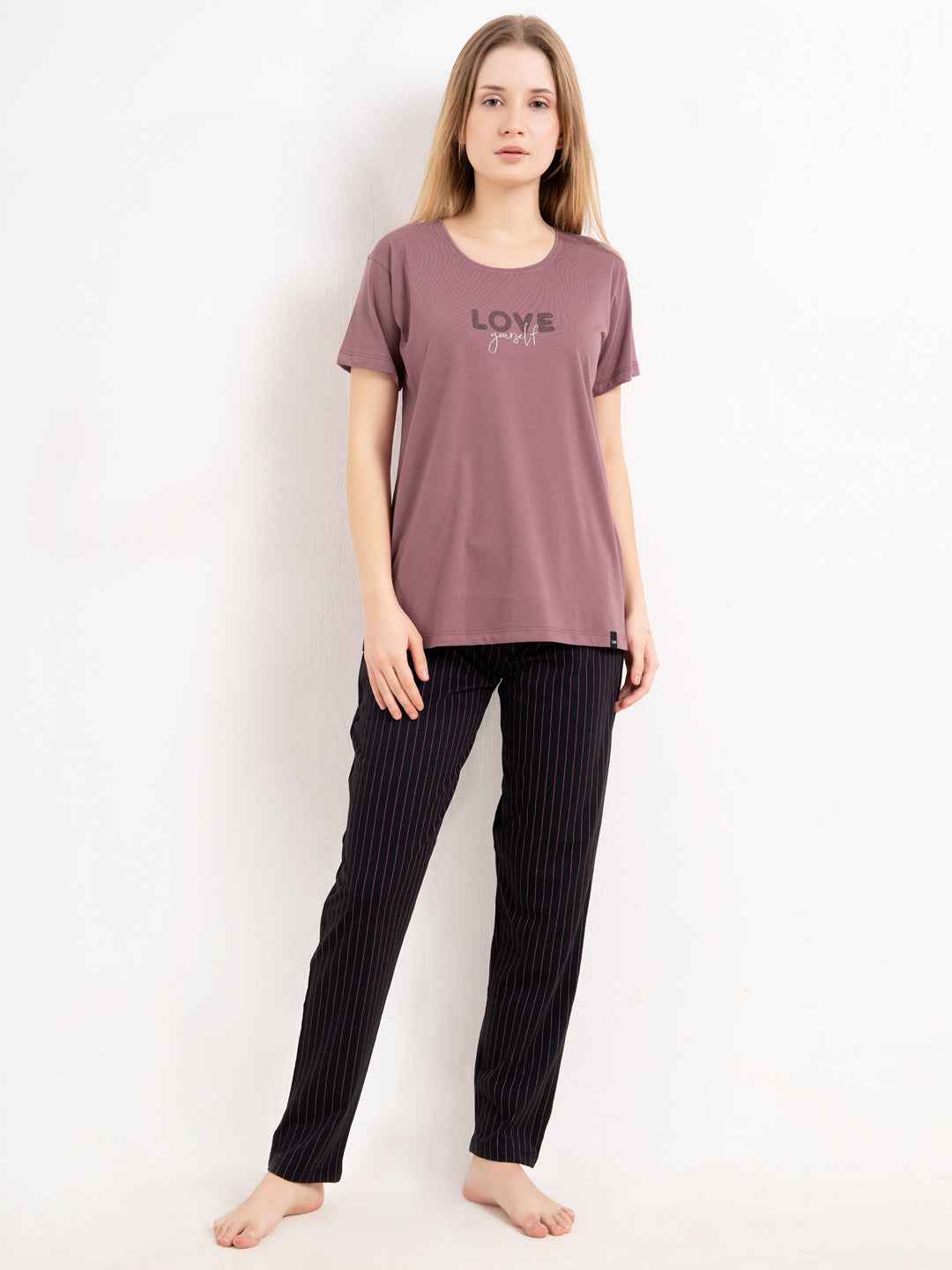 Cotton Night Suit-Maroon Top with Black Striped Pyjama