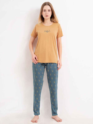 Cotton Night Suit-Orange Top with Blue Printed Pyjama