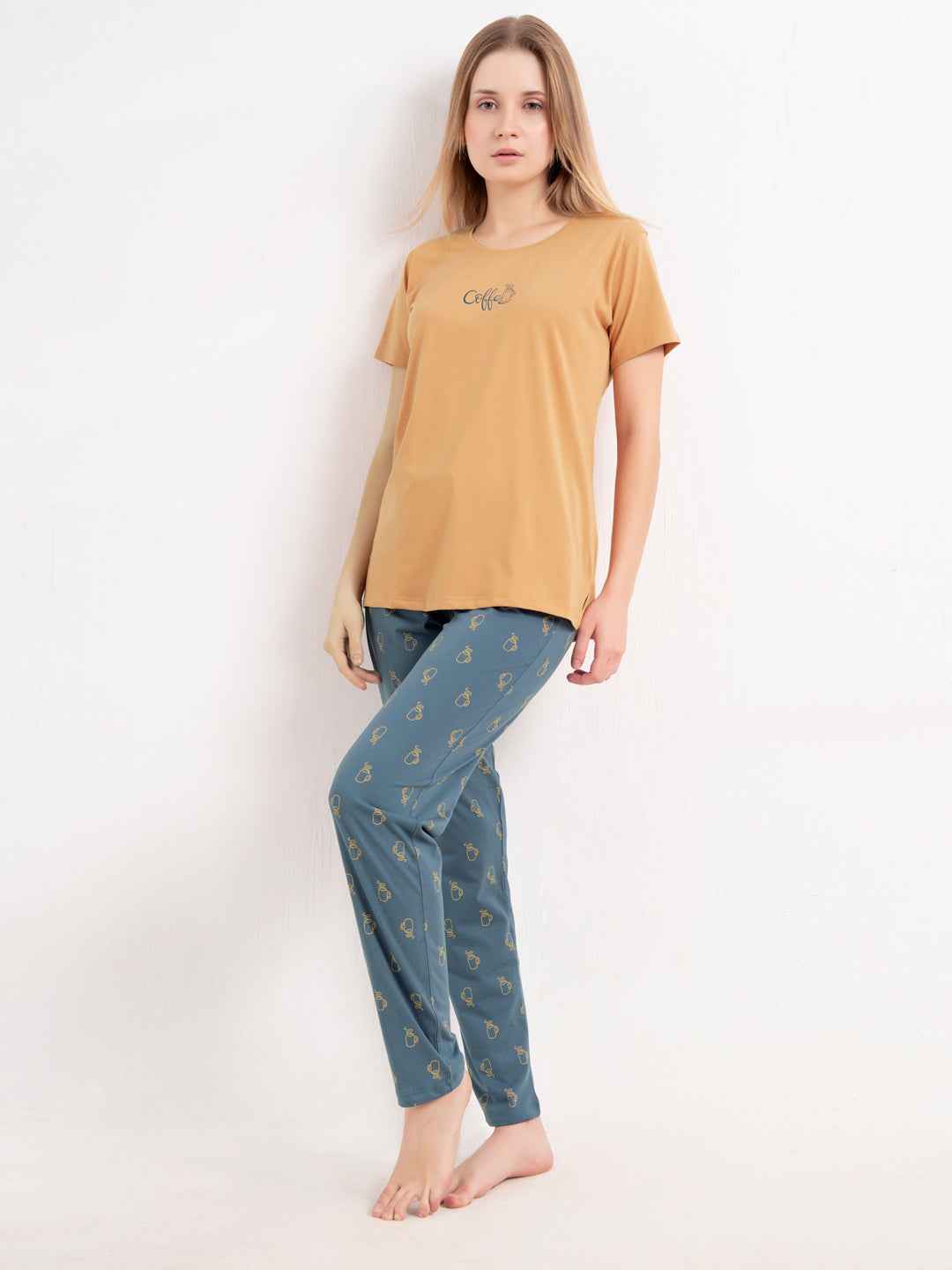 Cotton Night Suit-Orange Top with Blue Printed Pyjama