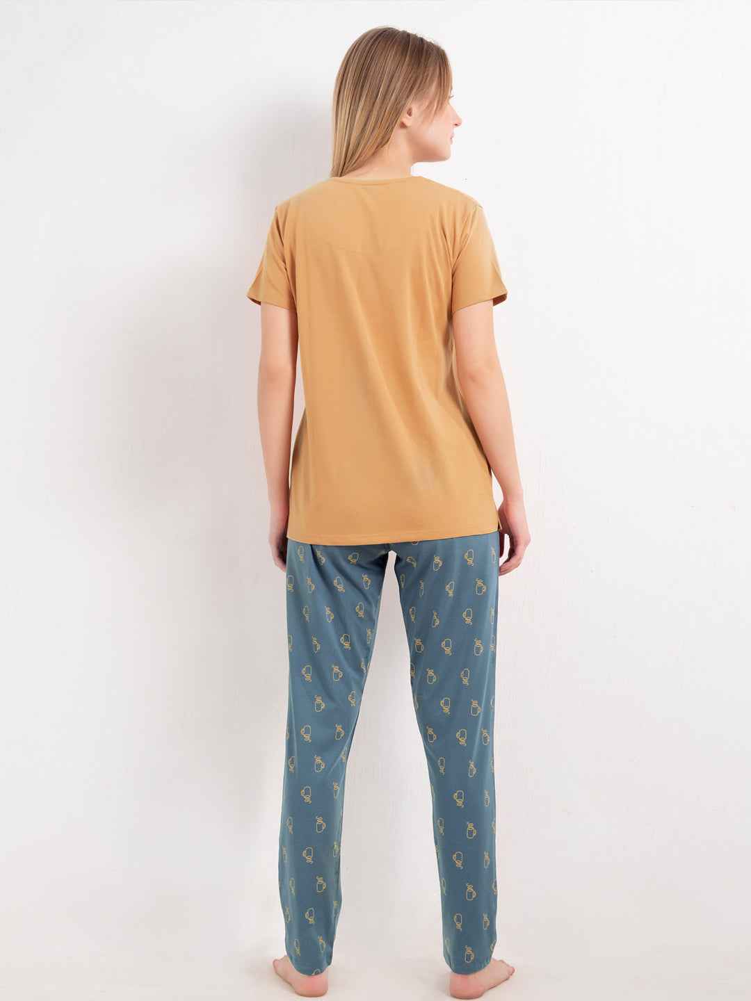 Cotton Night Suit-Orange Top with Blue Printed Pyjama