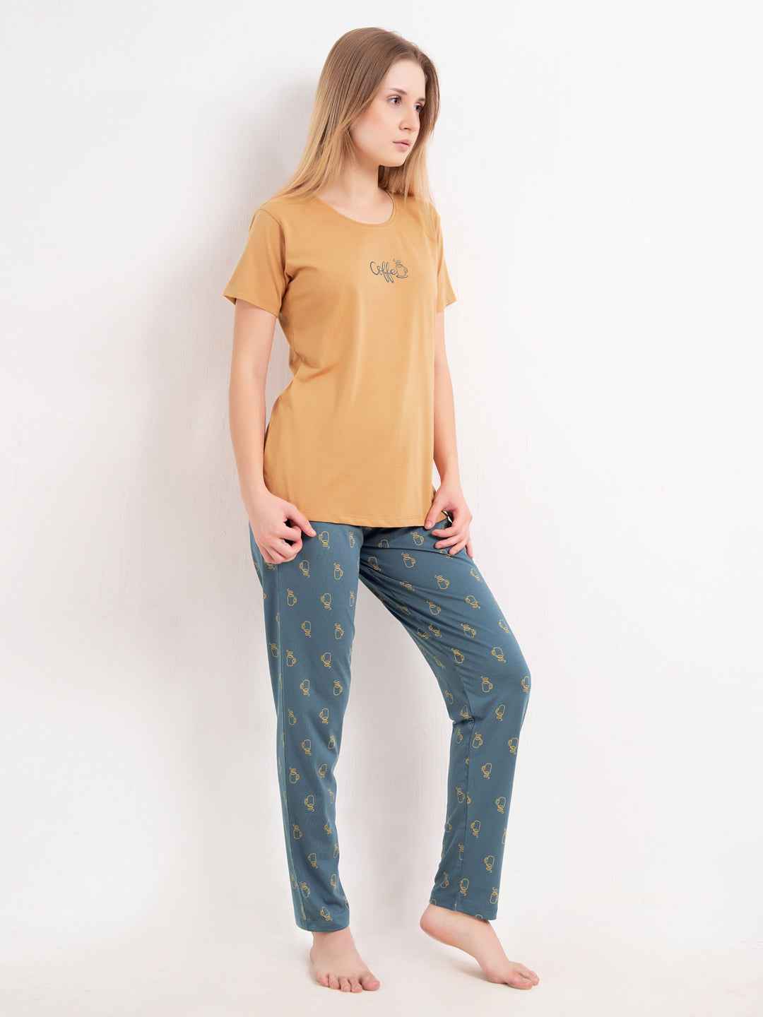 Cotton Night Suit-Orange Top with Blue Printed Pyjama