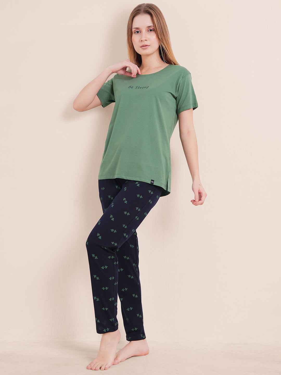 Cotton Night Suit-Green Top with Navy Printed Pyjama