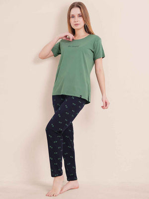 Cotton Night Suit-Green Top with Navy Printed Pyjama
