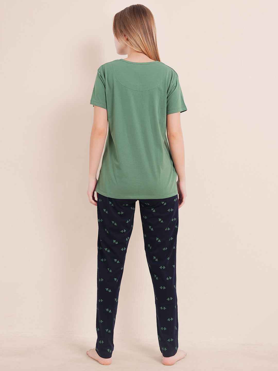 Cotton Night Suit-Green Top with Navy Printed Pyjama