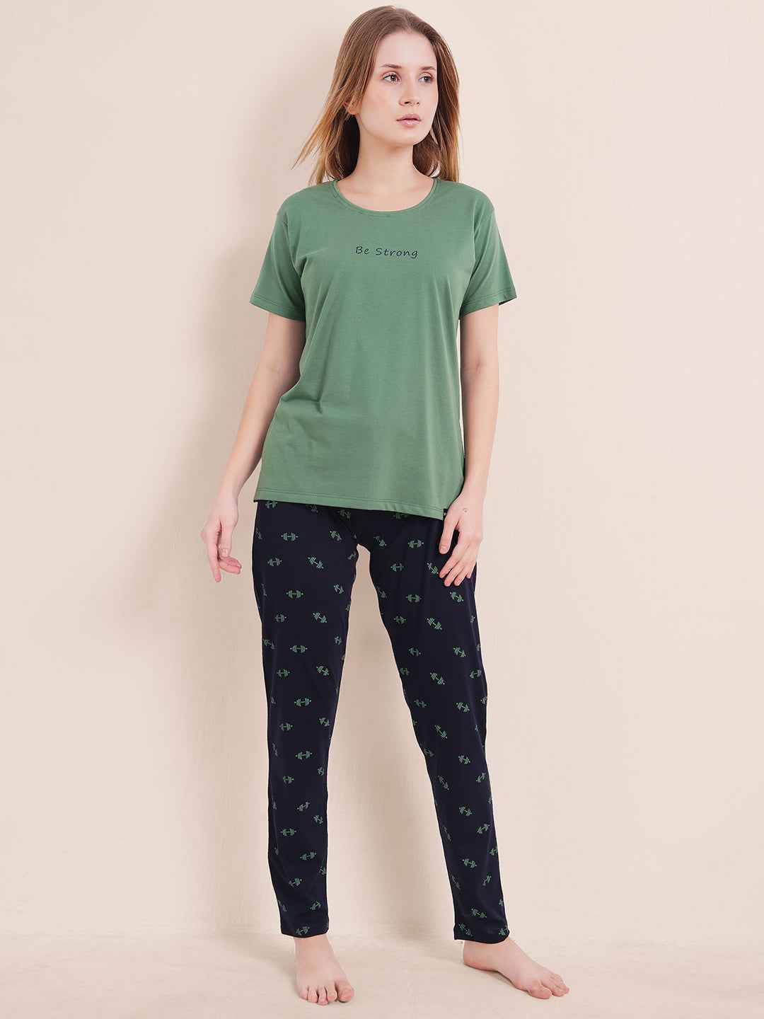Cotton Night Suit-Green Top with Navy Printed Pyjama
