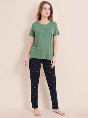 Cotton Night Suit-Green Top with Navy Printed Pyjama