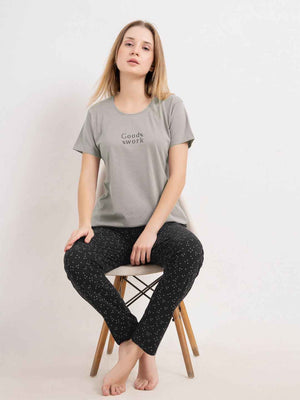 Cotton Night Suit-Grey Top with Black Printed Pyjama