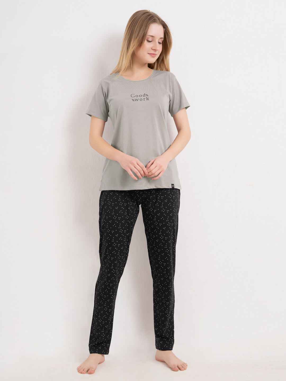 Cotton Night Suit-Grey Top with Black Printed Pyjama