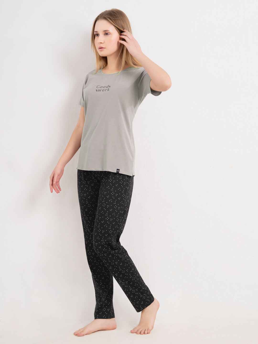Cotton Night Suit-Grey Top with Black Printed Pyjama