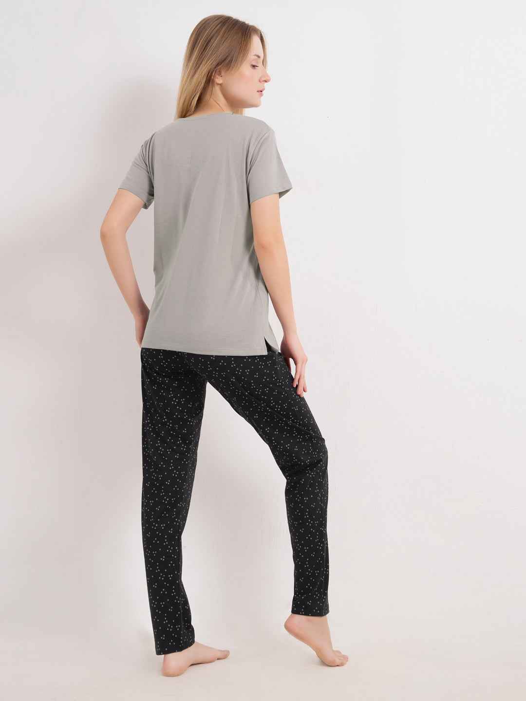 Cotton Night Suit-Grey Top with Black Printed Pyjama