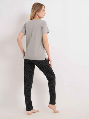 Cotton Night Suit-Grey Top with Black Printed Pyjama