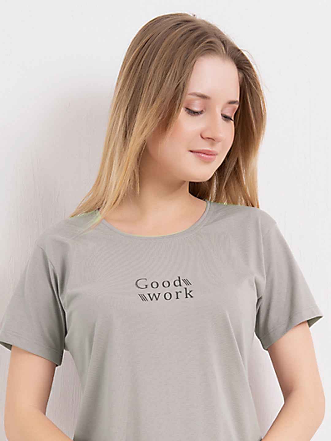 Cotton Night Suit-Grey Top with Black Printed Pyjama