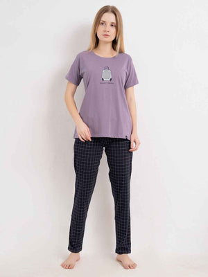 Cotton Night Suit-Purple Top with Navy Checked Pyjama