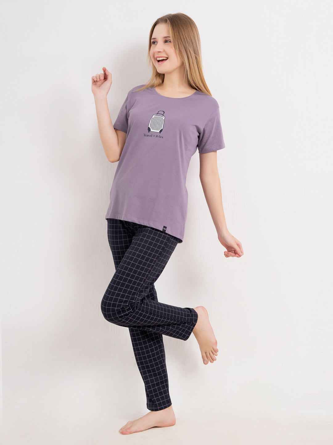 Cotton Night Suit-Purple Top with Navy Checked Pyjama