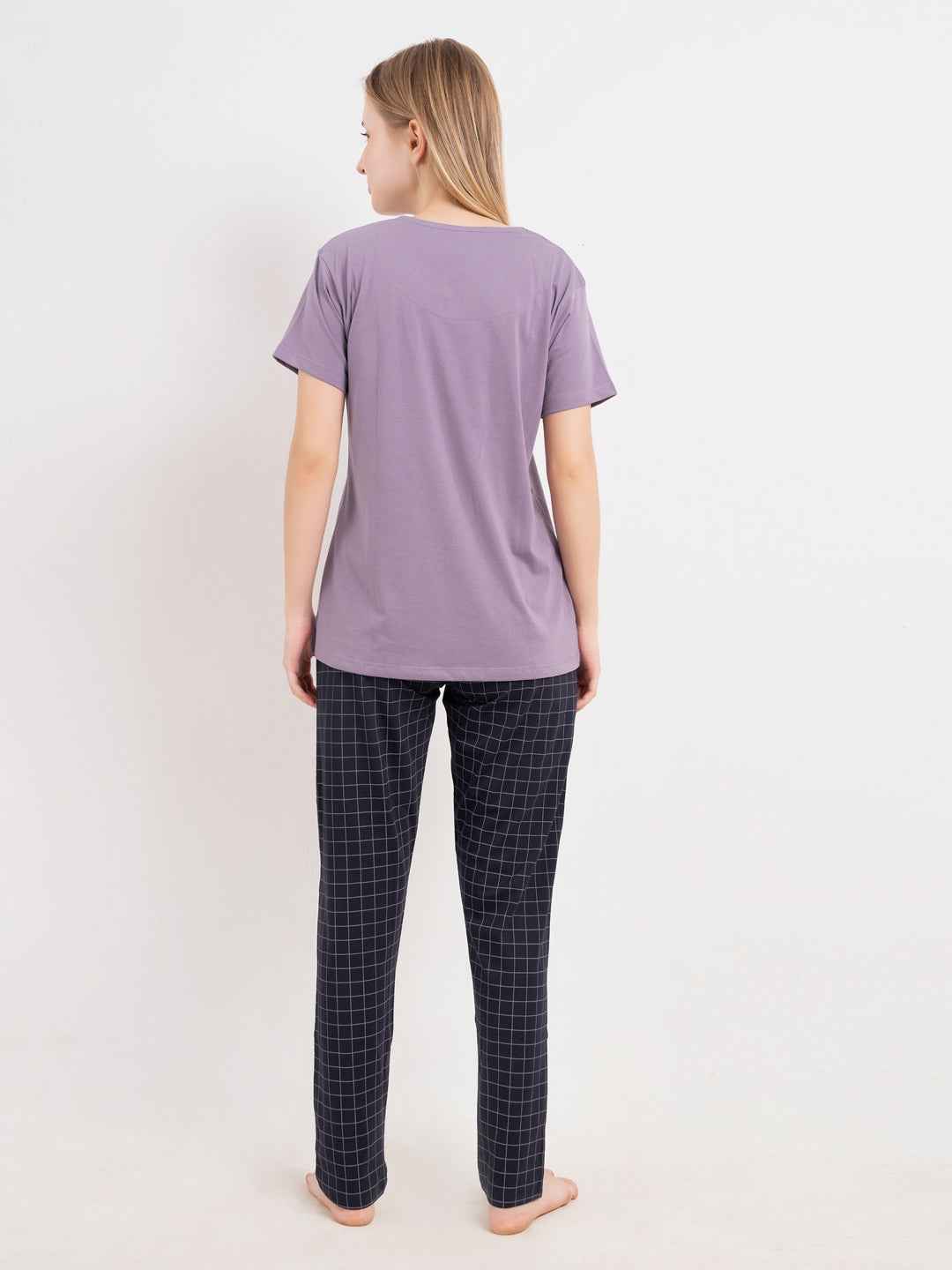 Cotton Night Suit-Purple Top with Navy Checked Pyjama