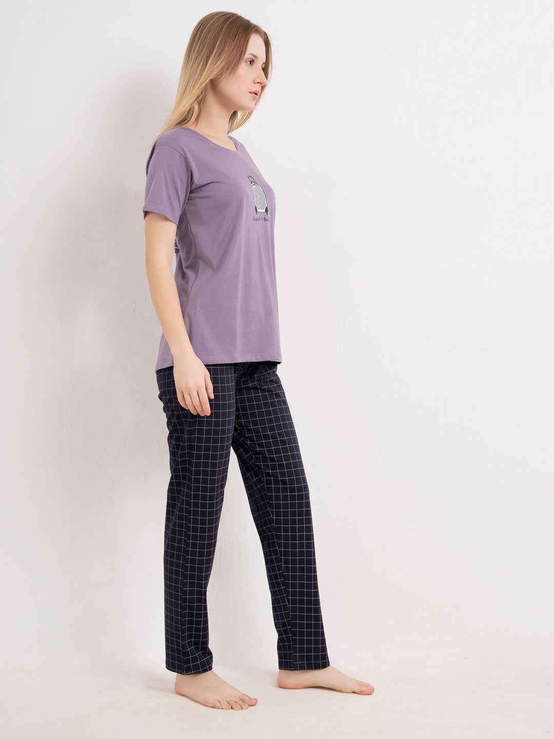 Cotton Night Suit-Purple Top with Navy Checked Pyjama