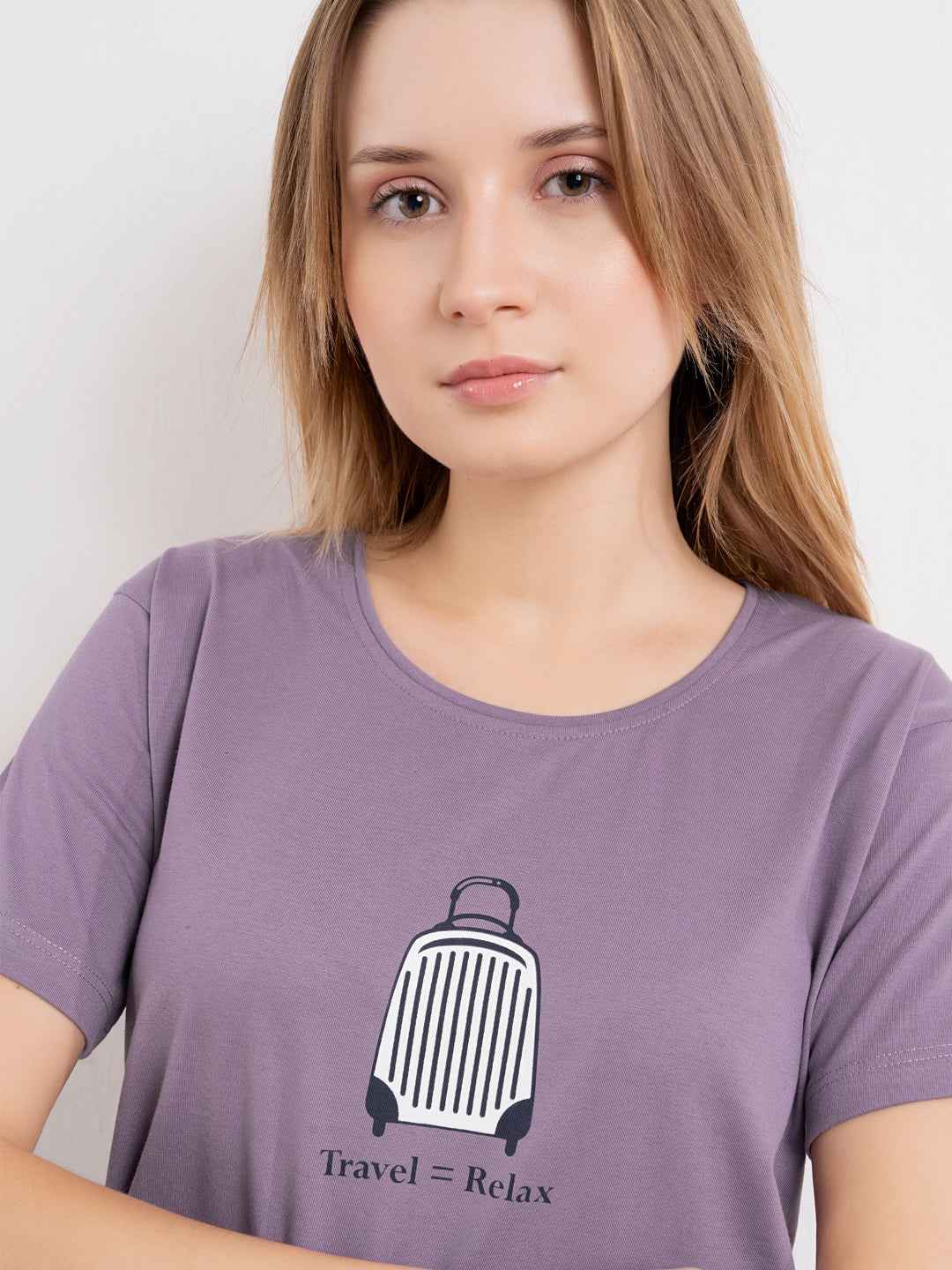 Cotton Night Suit-Purple Top with Navy Checked Pyjama