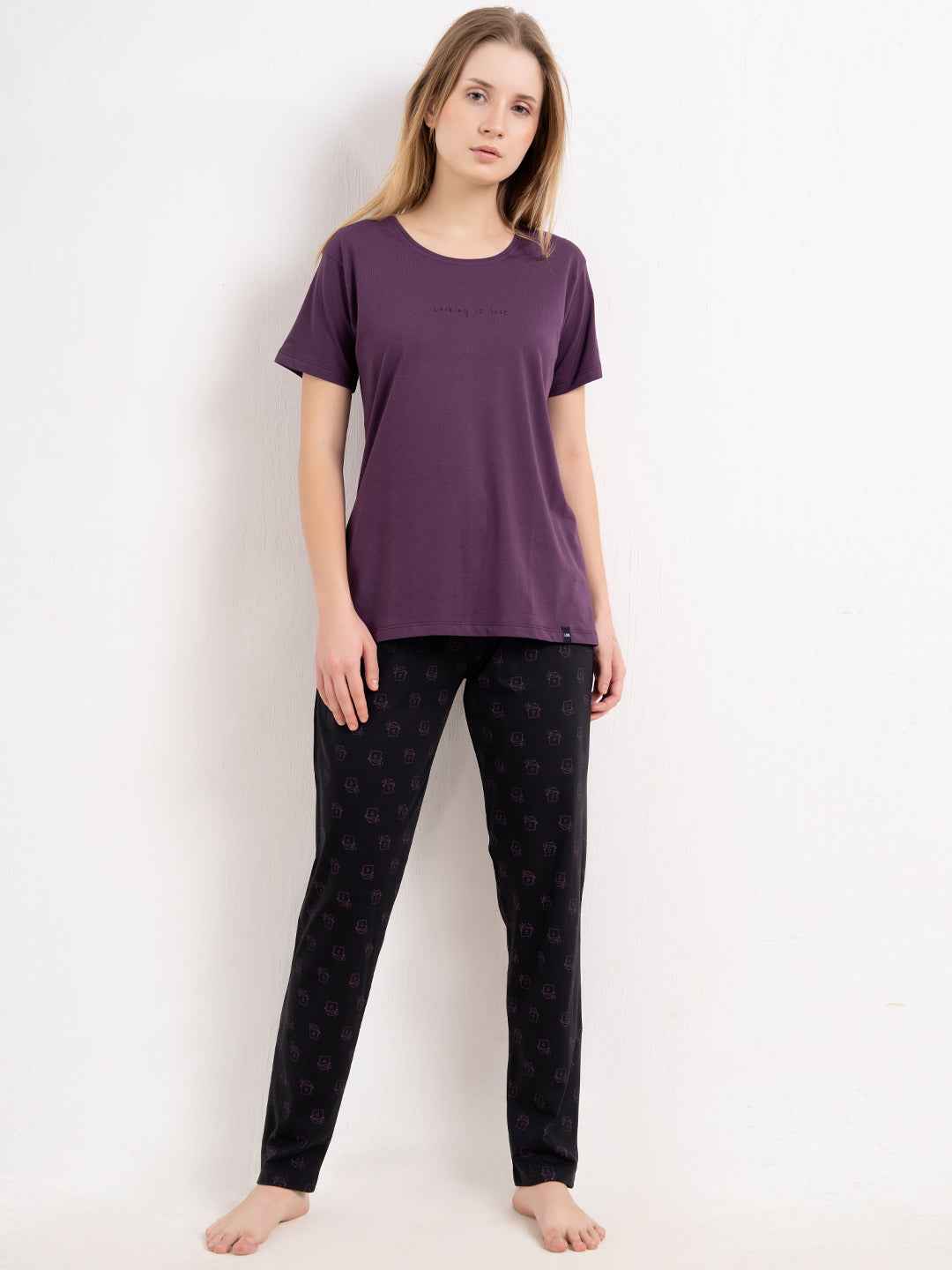 Cotton Night Suit-Purple Top with Black Printed Pyjama