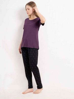 Cotton Night Suit-Purple Top with Black Printed Pyjama