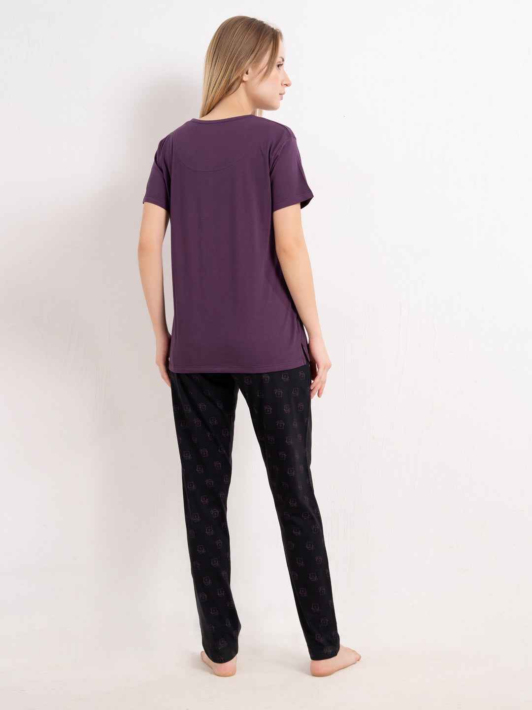 Cotton Night Suit-Purple Top with Black Printed Pyjama