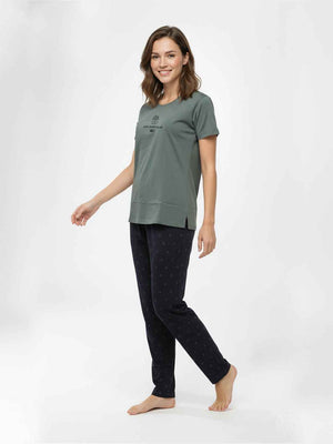 Cotton Night Suit-Grey Top with Black Printed Pyjama