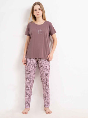 Cotton Night Suit-Maroon Top with Pink Printed Pyjama