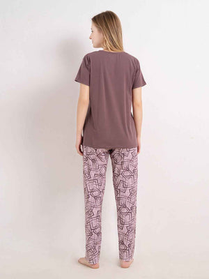 Cotton Night Suit-Maroon Top with Pink Printed Pyjama