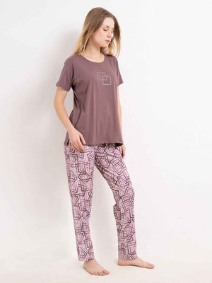 Cotton Night Suit-Maroon Top with Pink Printed Pyjama