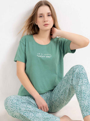 Cotton Night Suit-Teal Top with White Printed Pyjama