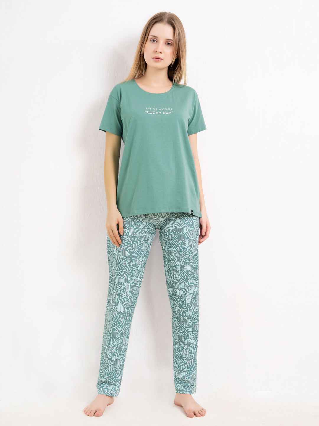 Cotton Night Suit-Teal Top with White Printed Pyjama