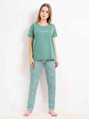 Cotton Night Suit-Teal Top with White Printed Pyjama
