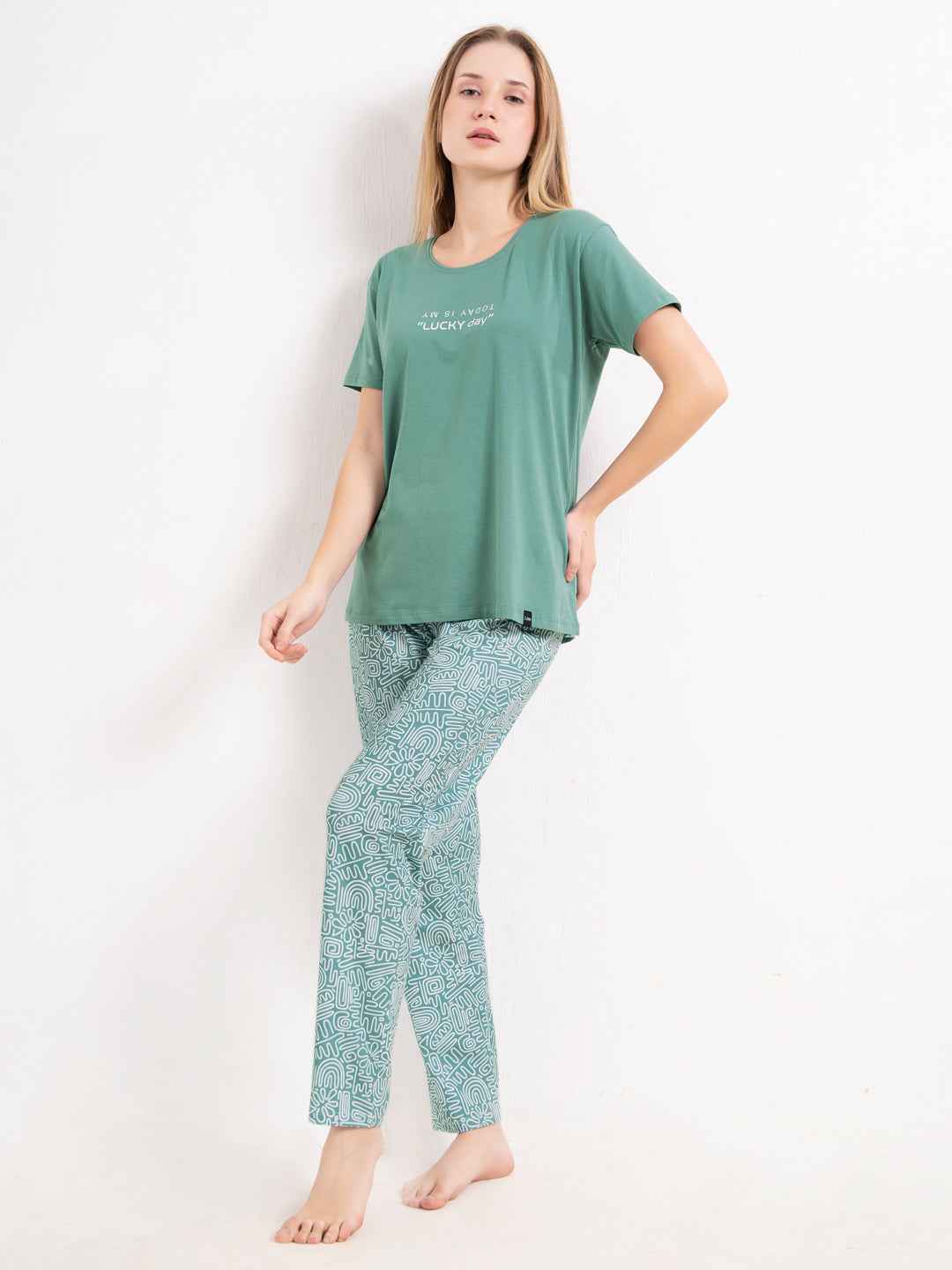 Cotton Night Suit-Teal Top with White Printed Pyjama