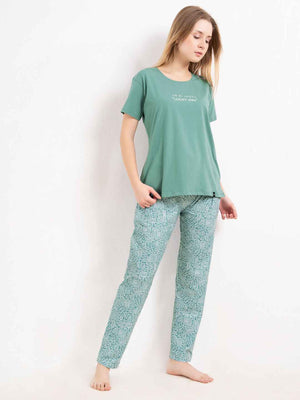 Cotton Night Suit-Teal Top with White Printed Pyjama