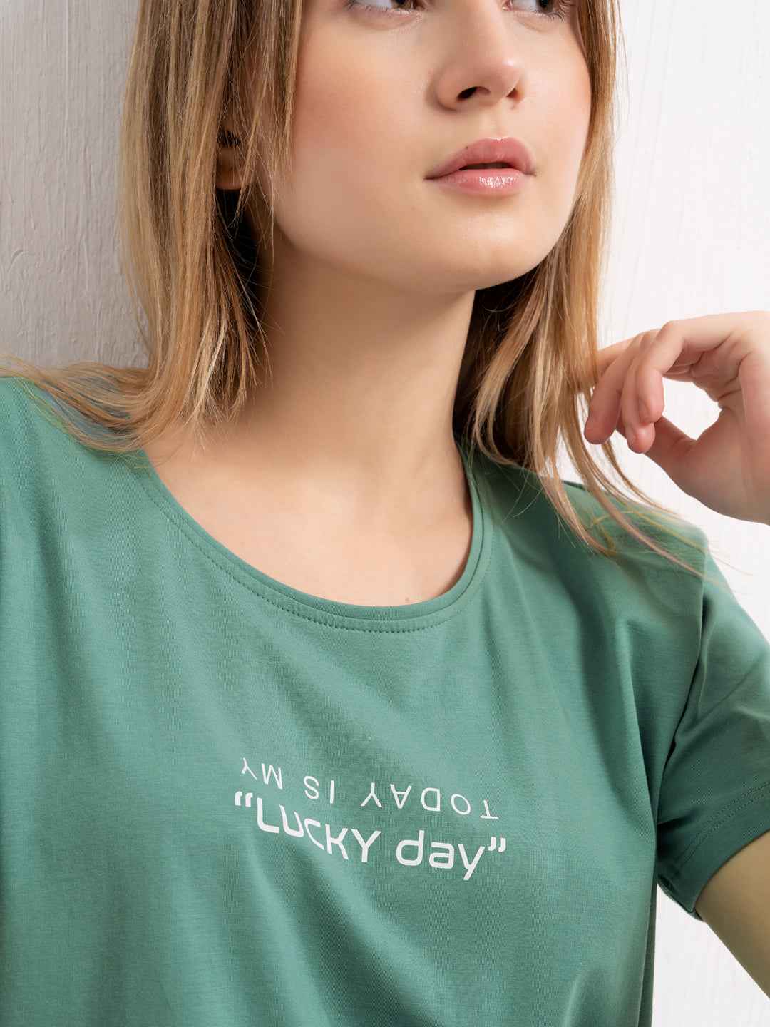 Cotton Night Suit-Teal Top with White Printed Pyjama
