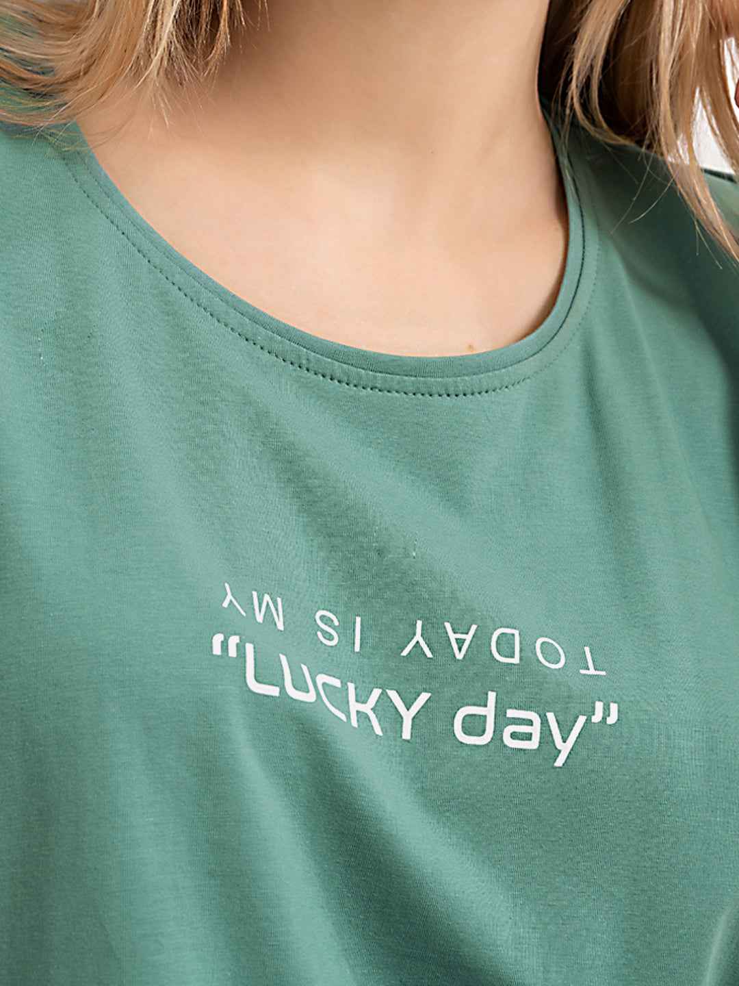 Cotton Night Suit-Teal Top with White Printed Pyjama
