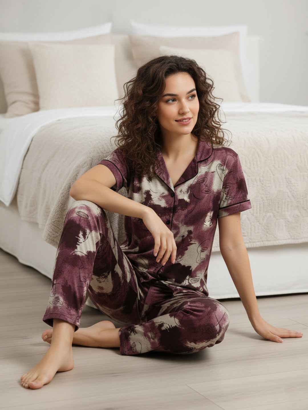 Wine Cotton Printed Night Suit- Printed Shirt & Pyjama