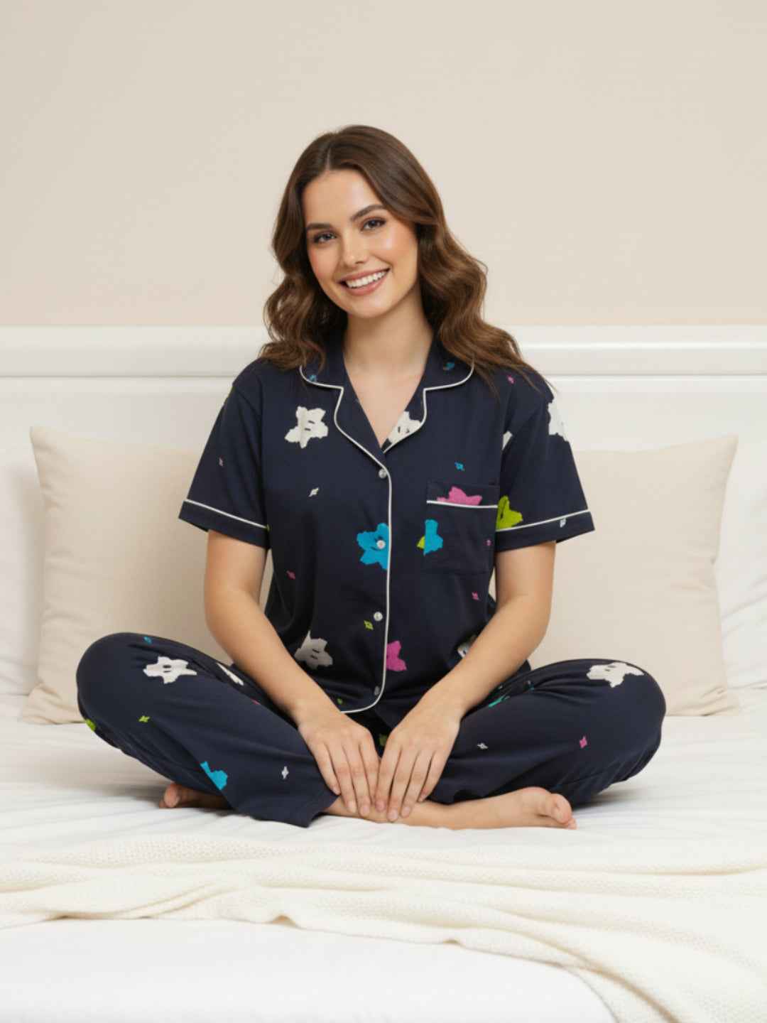 Navy Blue Cotton Printed Night Suit- Printed Shirt & Pyjama