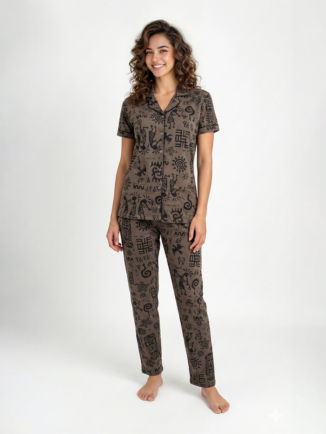 Brown Cotton Printed Night Suit- Printed Shirt & Pyjama