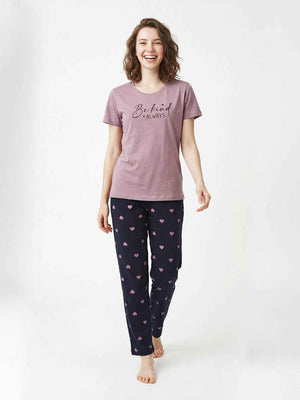Cotton Night Suit-Pink Top with Navy Printed Pyjama