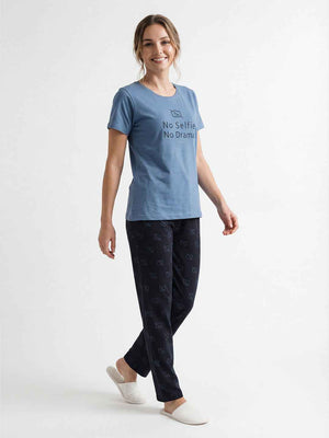 Cotton Night Suit-Blue Top with Navy Printed Pyjama