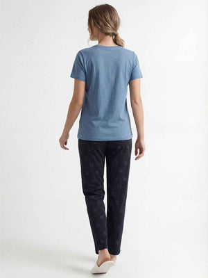 Cotton Night Suit-Blue Top with Navy Printed Pyjama