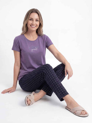 Cotton Night Suit-Purple Top with Navy Blue Printed Pyjama