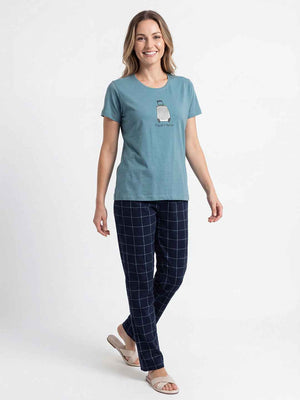 Cotton Night Suit-Blue Top with Navy Blue Checks Pyjama
