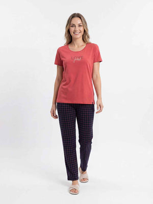 Cotton Night Suit-Red Top with Navy Blue Checks Pyjama
