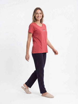 Cotton Night Suit-Red Top with Navy Blue Checks Pyjama