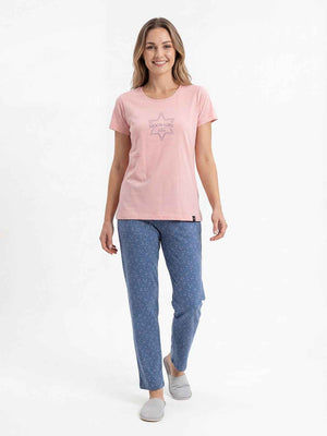 Cotton Night Suit-Pink Top with Blue Printed Pyjama