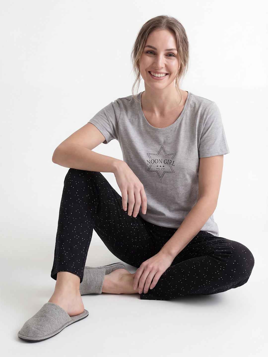 Cotton Night Suit-Grey Top with black Printed Pyjama