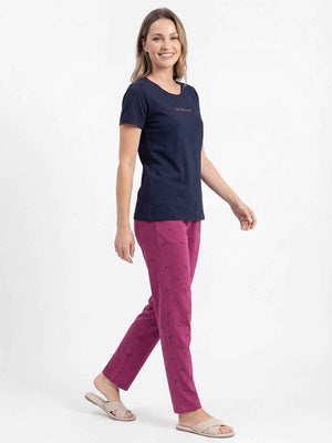 Cotton Night Suit-Navy Blue Top with Pink Printed Pyjama